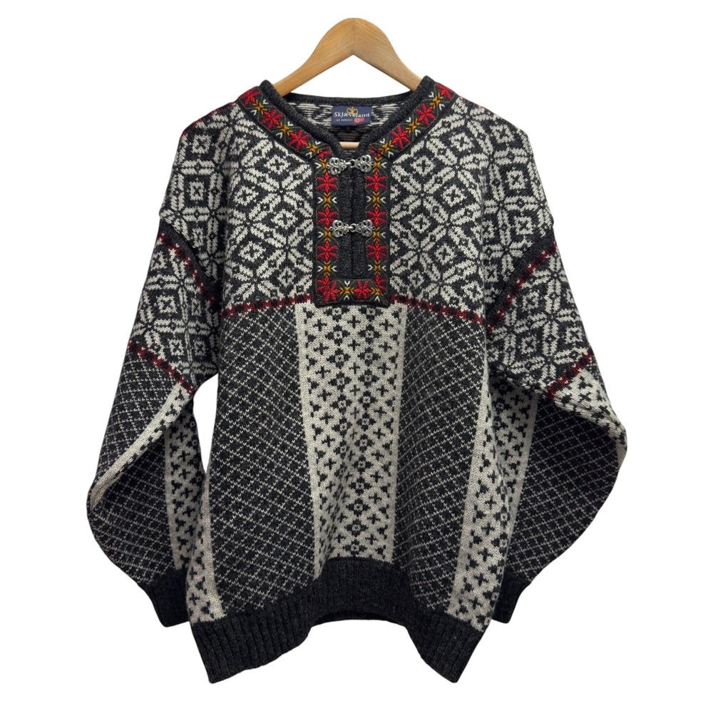Skjaeveland Women's Large Gray Nordic Wool Clasp Sweater Fair Isle Norwegian euc